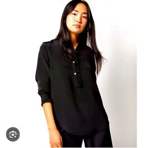 ANN MASHBURN Frill Popover Blouse in Black Silk Crepe De Chine NWT (Size M) $450